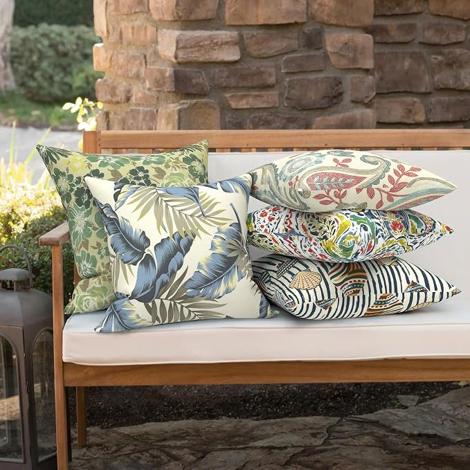 Outdoor 16x16 Inch Throw Pillow Covers Set of 2, Covers ONLY, All Weather Square Pillow Cases, Patio Cushion Pillow of Home Furniture Use, ‌Lush Palm Blue