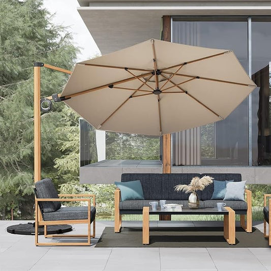 Grand patio Outdoor 4-Piece Modern Aluminum Patio Furniture Sets 5 Person Conversation Set, Faux Wood Grain Finish Frame Sofa with Removable Olefin Thick Cushions and Coffee Table (Grey+Umbrella)