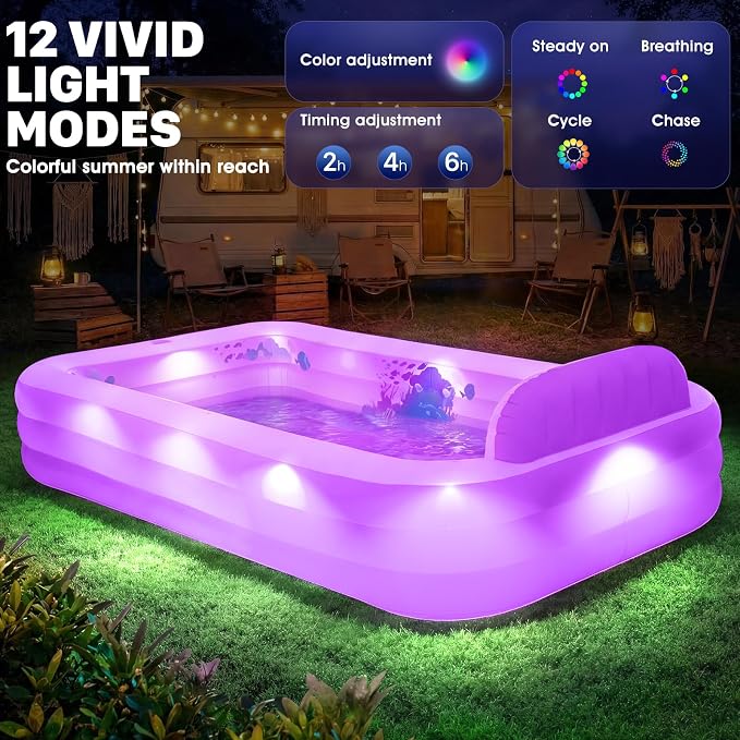 Extra Large Inflatable Pool With Lights,Upgraded Solar Powered Blow Up Pool For Adults,Inflatable Kids Swimming Pool with Seat& Backrest,Big Inflatable Kids Pool For Backyard,120x73x20IN-Green