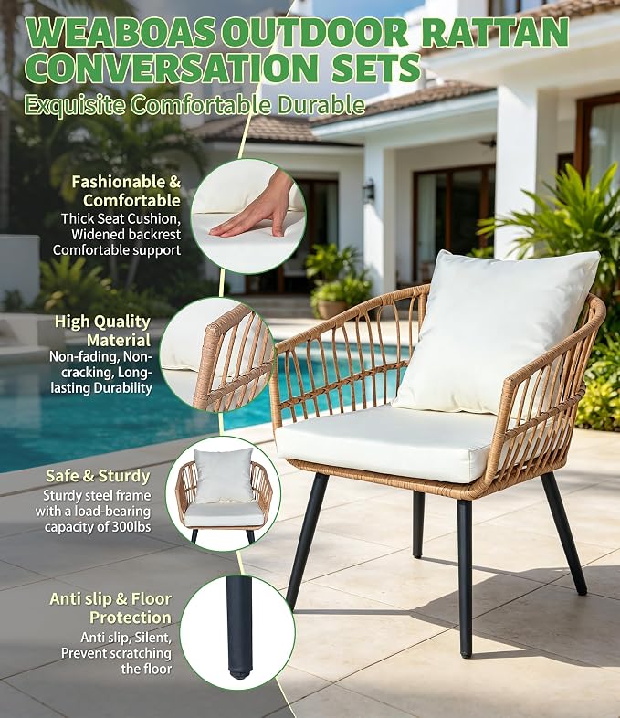 3-Piece Outdoor Patio Bistro Set, Wicker Chairs with Cushions, PE Rattan All-Weather Conversation Set with Coffee Table for Balcony, Porch, Backyard, Poolside, Garden, Deck, Khaki