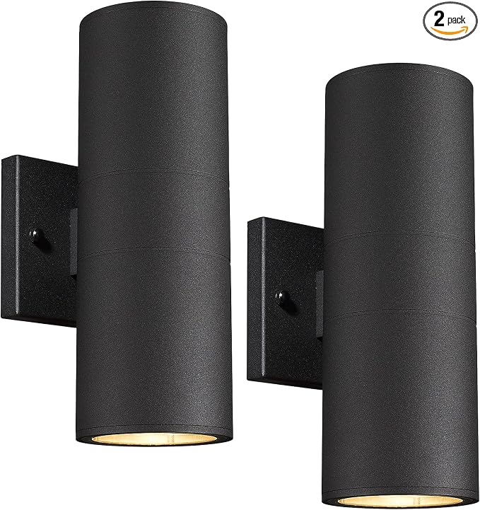 Ken & Ricky Cylinder Outdoor Wall Sconce Lights,Up and Down, Black, 2 Pack | Aluminum Waterproof Outdoor Wall light,No Glare,Exterior Lighting Fixtures,E26 Base，For Porch House Garage Front Door Patio