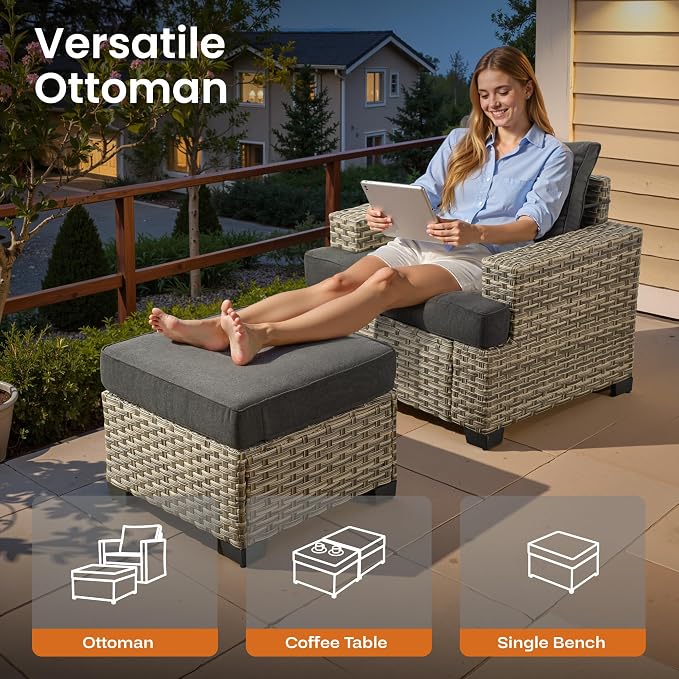 ovios 10 Piece Patio Sectional Furniture with 42in Fire Pit Table, Rattan Wicker Coversation Setwith Single Chairs, Outdoor Sofa Set for Outside Porch Balcony Backyard Pool, Black