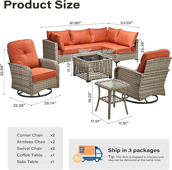 8 Pieces Outdoor Sectional Patio Furniture Set with Swivel Rocking Chairs,Conversation Sets Rattan Wicker L Shaped Couch,Modular Outdoor Sofa for Porch Balcony Backyard Coarse Stripes Red