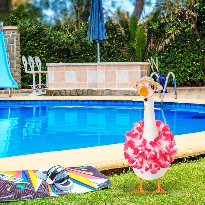 Shyyween Summer Porch Goose Outfits for Plastic Goose 23/17'' Hawaiian Lawn Patio Statue Clothes Straw Hat and Hawaiian Lei Costume(Pink)