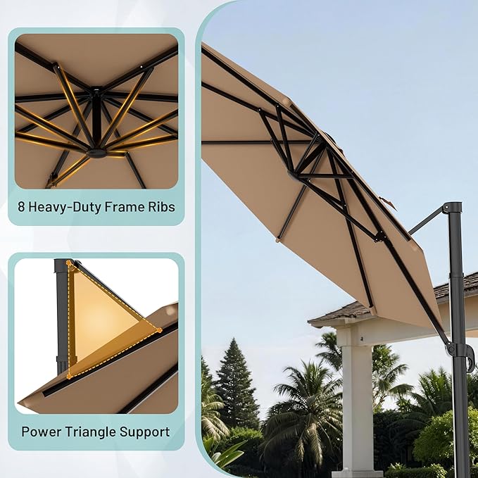 AreShark 10FT Cantilever Patio Umbrella, 360-Degree Rotation Round Hanging Offset Umbrella with Crank, Heavy Duty Patio Umbrella for Patio, Pool, Garden, Deck, Beige