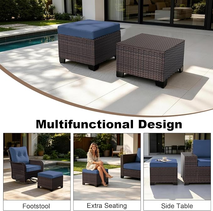 Outdoor Patio Furniture Set, 10 Pieces Outdoor Sectional Furniture with Fire Pit Table, All-Weather PE Rattan Patio Conversation Set with Two Ottomans, Coffee Table for Garden, Deck (Navy Blue)