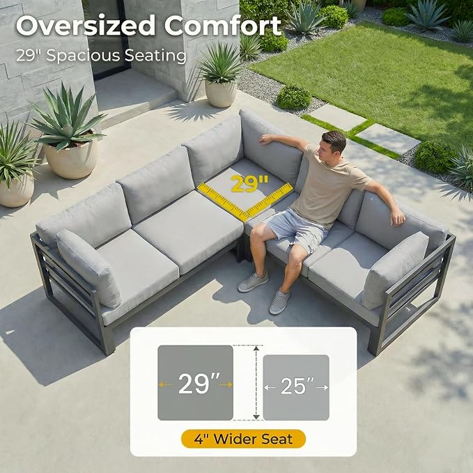 RADIATA 6 Seat Large Luxury Aluminum Patio Conversation Set with Fire Pit Table Propane/Gas, 29 inch Deep Wide Sectional Couch, 500 lbs Heavy Duty All Weather Outdoor Sofa for Backyard, Light Gray