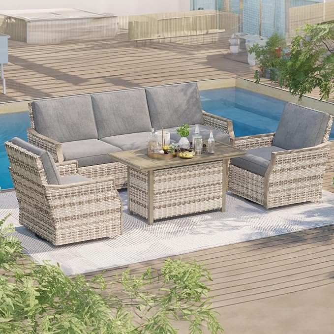 MELLCOM 4 Pieces Outdoor Patio Furniture Set with Swivel Chairs, All Weather Rattan Wicker Patio Conversation Set with 3-Seater Sofa, Coffee Table for Patio, Balcony, Porch, Deck