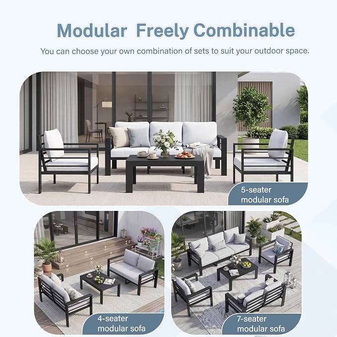 Aluminum Patio Furniture Set, 4 PCS Metal Oversized Outdoor Furniture Set Washable Thick Cushions, 4 Seat Patio Conversation Set with 3.54” Wide armrest and Coffee Table for Patio, Garden