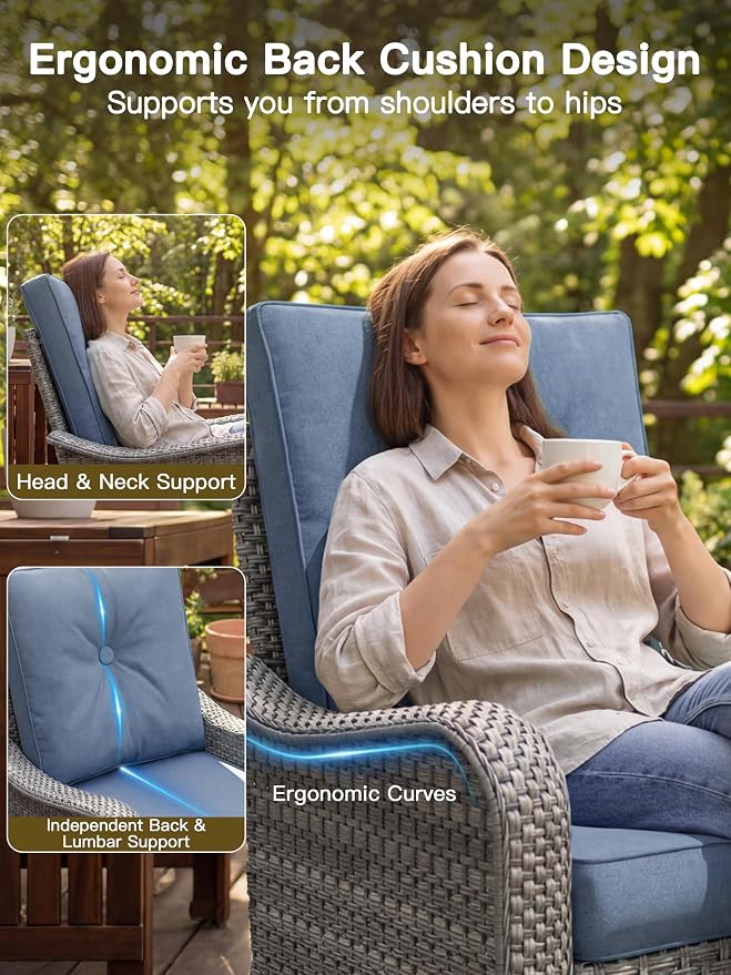 6-Piece Patio Furniture Set, Outdoor Swivel Rocking Chairs with 4" Thick Cushions & Side Table, All-Weather PE Rattan & Rust-Resistant Steel Frame Conversation Set for Porch, Garden, Backyard, Blue