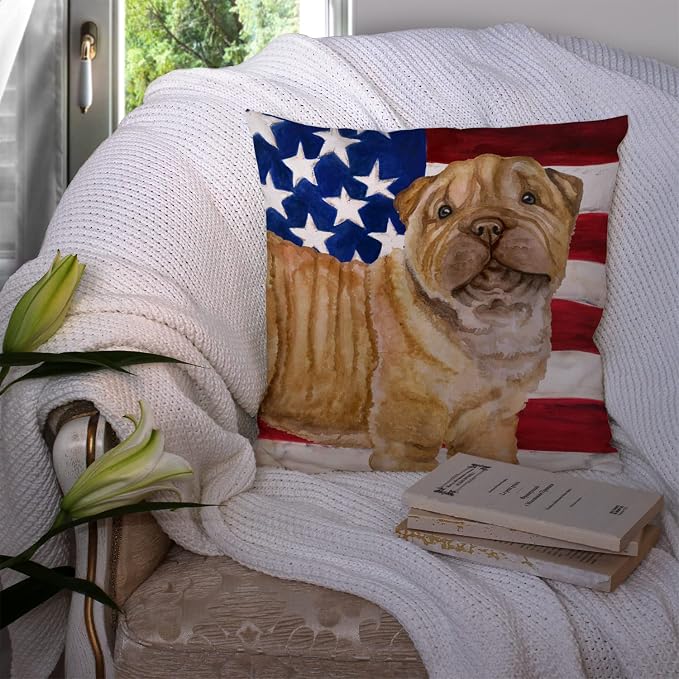 Caroline's Treasures BB9719PW1414 Shar Pei Puppy Patriotic Fabric Decorative Pillow Machine Washable, Indoor Outdoor Decorative Pillow for Couch, Bed or Patio, 14Hx14W