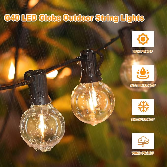 60FT Outdoor G40 LED Globe String Lights Dimmable | Waterproof Shatterproof Light Strings with 30 Bulbs Connectable Commercial Hanging Lights for Patio Backyard Balcony Party