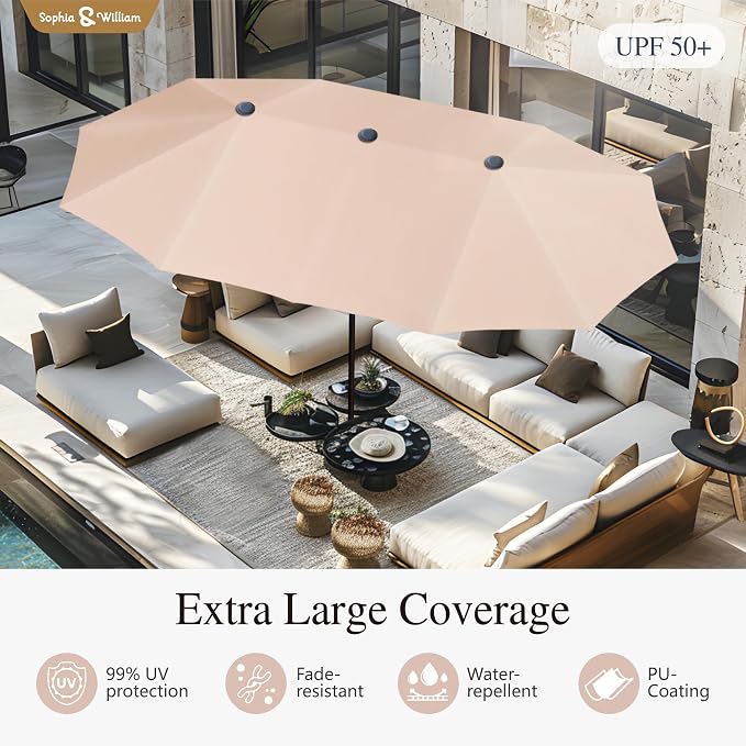 Sophia & William 7 Pieces Patio Dining Set with 13ft Beige Patio Umbrella, 60" Outdoor Metal Table & Rattan Chairs Set with Cushions