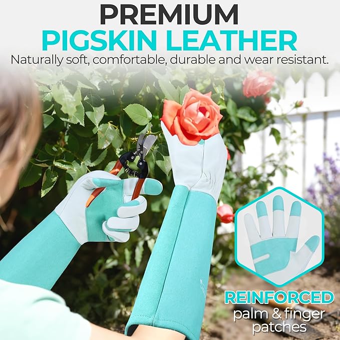 HANDLANDY Long Gardening Gloves for Men & Women, Thorn Proof Rose Pruning Gloves Leather Gauntlets Garden Glove Yard Work Glove (Teal Green, Small) | Long Leather Gardening Gloves, Breathable Leather Gauntlet, Best Garden Gifts & Tools for Gardener (Te...