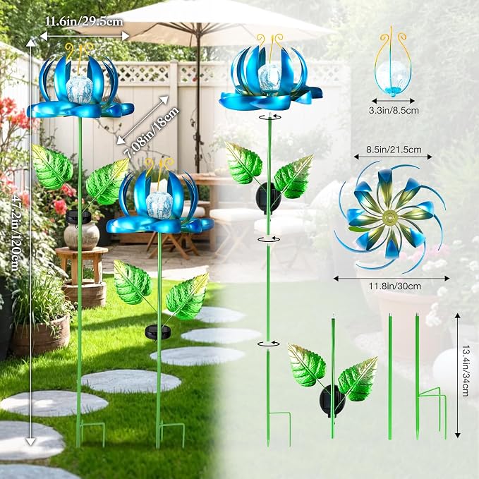 Solar Yard Lights Wind Spinners- Metal Lotus Flower Garden Decor LED Crackle Glass Globe Yard Art Sculpture Solar Stake Lights for Patio Pathway Lawn Walkway (Blue-Large)