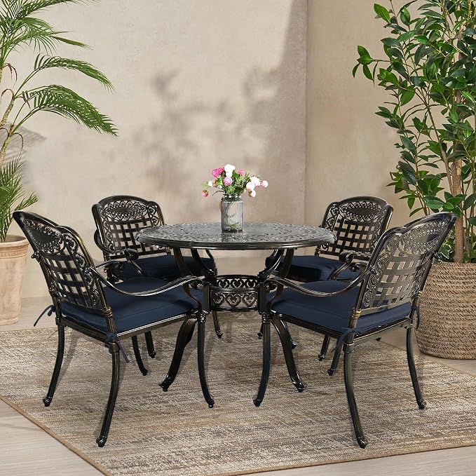 VIVIJASON 5-Piece Patio Furniture Dining Set, All-Weather Cast Aluminum Outdoor Conversation Set, Include 4 Cushioned Chairs and 1 Round Table w/Umbrella Hole for Balcony, Backyard, Navy Blue Cushion