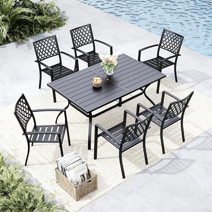MFSTUDIO Outdoor Dining Set for 6, Patio Table and Chairs Set with Umbrella Hole, Metal Patio Furniture Dining Set for Deck Backyard Poolside Garden