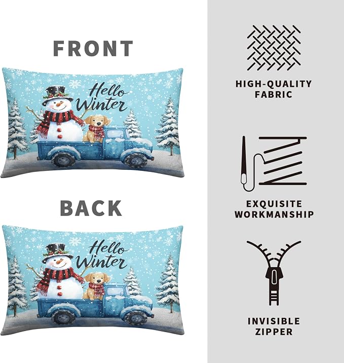 Set of 2 Blue Truck with Snowman Puppy Dog Rectangle Pillowcase Hello Winter Lumbar Pillow Covers 12x20 Snowflakes Snowman Waist Cushion Case for Living Room Bedroom Couch Sofa