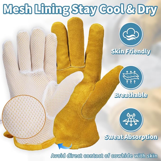 Leather Gardening Gloves for Men Women: Thorn Proof Cowhide Work Gloves | Garden Gloves for Yard Work, Reinforced Palm, Puncture Resistant, Breathable, for Rose Pruning, Heavy Duty, Construction