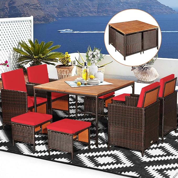 HAPPYGRILL 9PCS Patio Dining Set Outdoor Dining Furniture Set with Cushioned Seating, Space-Saving Dining Table with Acacia Wood Tabletop Wicker Chair and Ottoman Sets for Backyard Garden Poolside