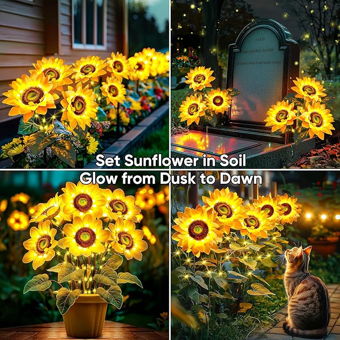 Solar Flowers Outdoor Waterproof: 3 Pack 9 Silk Sunflower Solar Lights with 800mAh Battery 12H Runtime - IP65 Auto On/Off for Garden Yard Patio Lawn Decorations - Unique Gifts for Mom Grandma