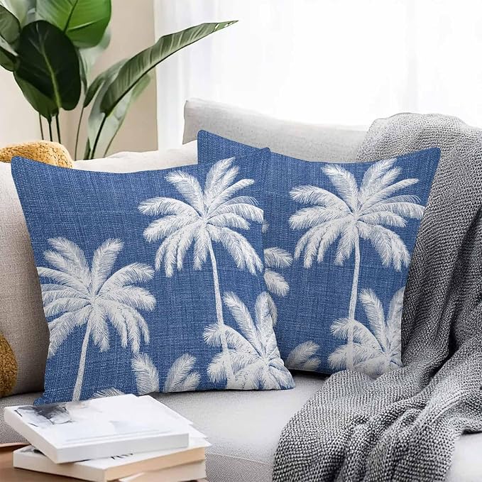 Outdoor Pillow Covers 20x20 Inch Set of 2, Navy Blue Palm Trees Waterproof Throw Pillow Covers, Farmhouse Tropical Summer Beach Decorative Cushion Pillowcases for Couch, Sofa, Bed, Garden, Patio