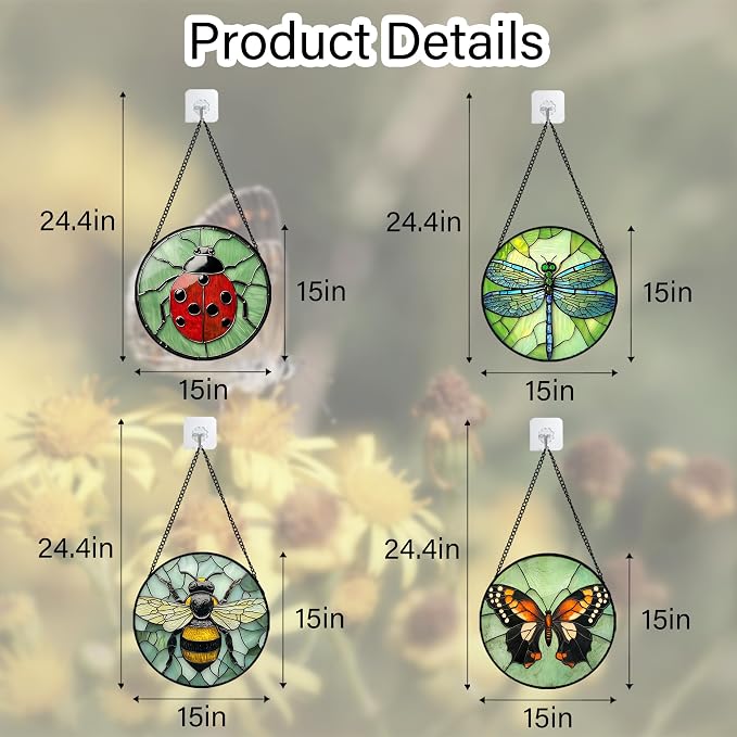 Stained Glass Window Hanging 4 Pcs Set Butterfly Dragonfly Bee Ladybug Large 15" - Suncatcher Door Garden Sun Catcher Decor Birthday Mother's Day for Mom Woman Nana Men