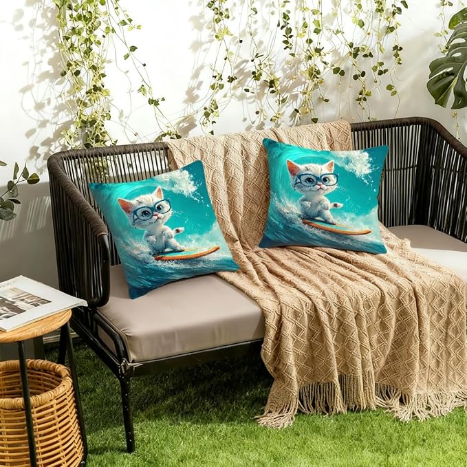 18x18 Inch Outdoor Pillow Covers Set of 2 Waterproof Throw Pillow Covers Decorative Couch Cushion Covers White Cat_ Surfing Square Pillowcases Protectors for Patio Garden Sofa
