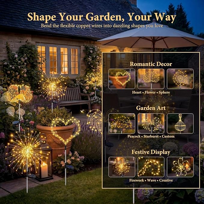 Solar Firework Lights, 8 Pack 120 LEDs 8 Lighting Modes Twinkle Solar Garden Lights Outdoor Waterproof for Yard Patio Walkway Pathway Party Wedding Balcony Decorative- Warm White