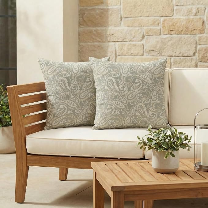 RSH DECOR Square Throw Pillows Set of 2 | 17" x 17" | Water and Fade-Resistant Performance Fabric | Outdoor Pillow Covers with Down-Alternative Inserts | Made in USA (Ayideal Fossil)