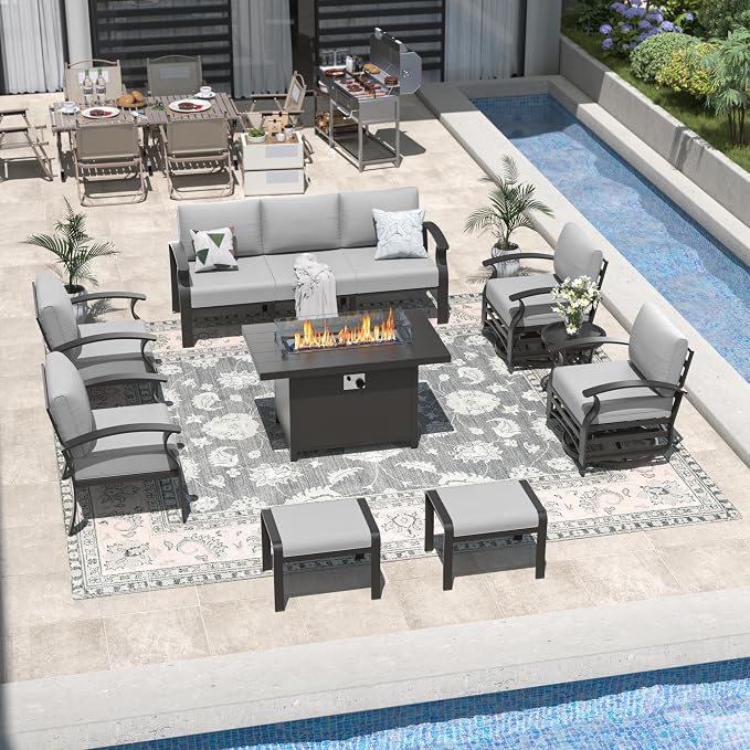 Kullavik Aluminum Patio Furniture Set,9 Piece Modern Metal Outdoor Patio Furniture w/5.1'' Thick Cushion,Swivel Chairs,Ottomans and Propane Fire Pit Table,Patio Conversation Sets for Porch,Deck,Grey