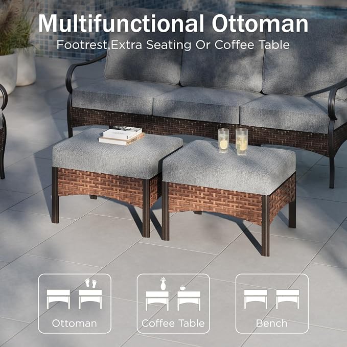 PHI VILLA Patio Furniture Set, Extra Large Wicker & Metal Outdoor Conversation Set Patio Sectional Sofa Set with Fixed Chair & Waterproof Thick Cushions for Porch, Poolside, Deck(7 Pieces, Grey)