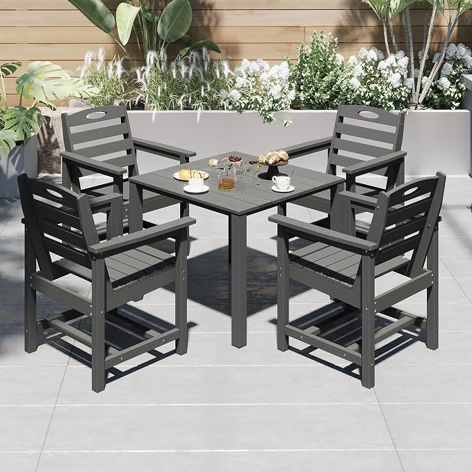 Domi HDPE Outdoor Dining Set, All-Weather Outdoor Dining Table Set of 5 with 2" Umbrella Hole, Outdoor Patio Dining Set for Garden, Poolside, Backyard, Deck, Grey