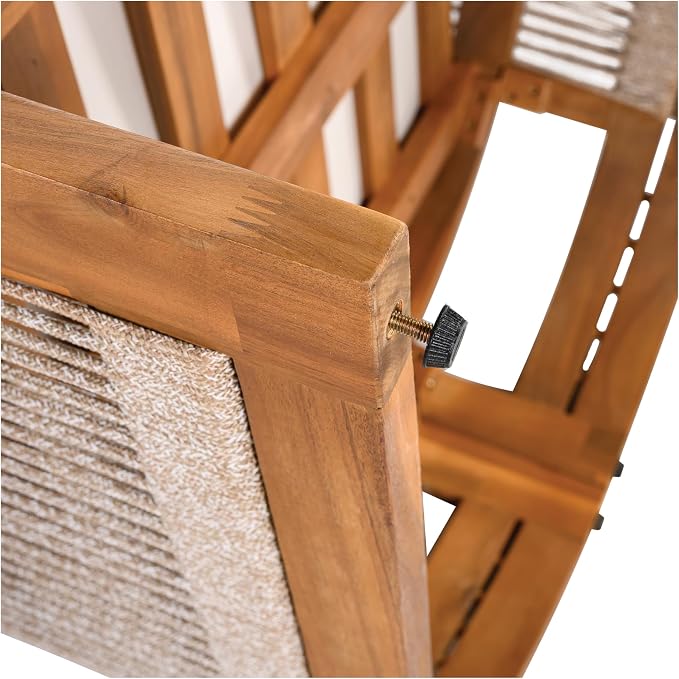 Christopher Knight Home Malphite 3 Pieces Conversation Set, Acacia Wood Chat Set, Round Coffee Table and Woven Rope Accent Chairs, Slat Design Patio Furniture Set for Backyard Garden, Beige + Teak