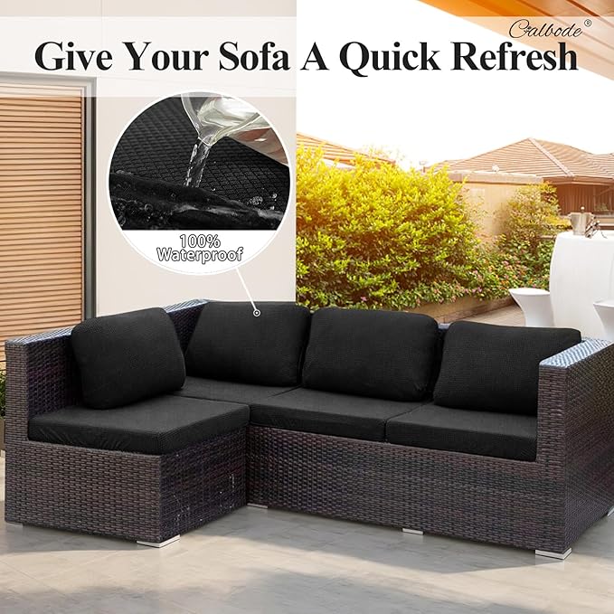 CALBODE 12Pcs Outdoor Stretch Cushion Covers,Waterproof Outdoor Chair Cushion Covers for Patio Furniture, Washable Jacquard Couch Covers Replacement for Patio Furniture(Black, Cover Only)