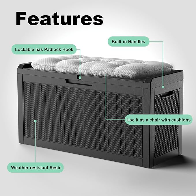 EasyUp 70 Gallon Deck Boxes Outdoor Waterproof, Resin Outside Storage Box for Patio Cushion Furniture Pool Accessories Garden Tools Indoor Outdoor Storage Bench (70 Gallon, Black)