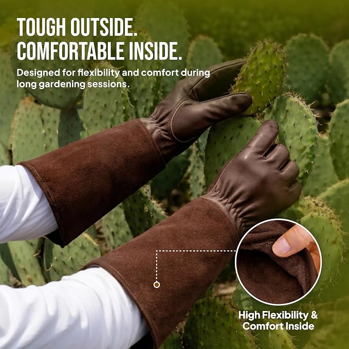 Craft911 Thorn Proof Gardening Gloves for Women & Men, Long Rose Pruning Gloves with Cowhide Leather Gauntlet & Forearm Protection - Brown (L)