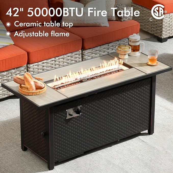 10 Pcs Outdoor Sectional Patio Furniture Set with Fire Pit Table - All Weather Wicker Modular Outside Sectional Couch,Patio Seating Outdoor Conversation Sets for Deck Yard Garden,Orange Red