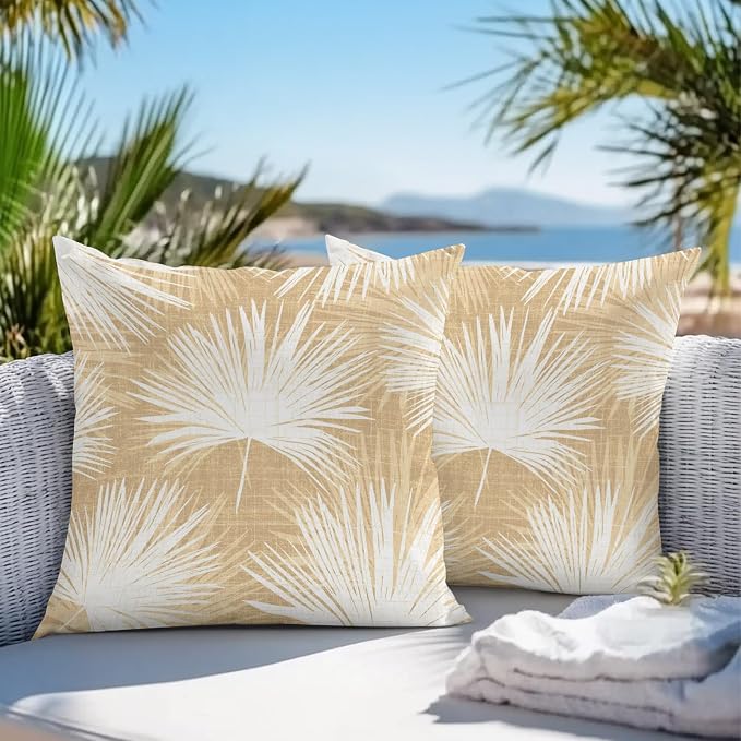 Throw Pillow Covers 16x16 Inch Set of 2, Beige Palm Leaves Coastal Waterproof Outdoor Pillow Covers, Summer Tropical Botanical Boho Decorative Cushion Pillowcases for Couch, Sofa, Bed, Garden, Patio