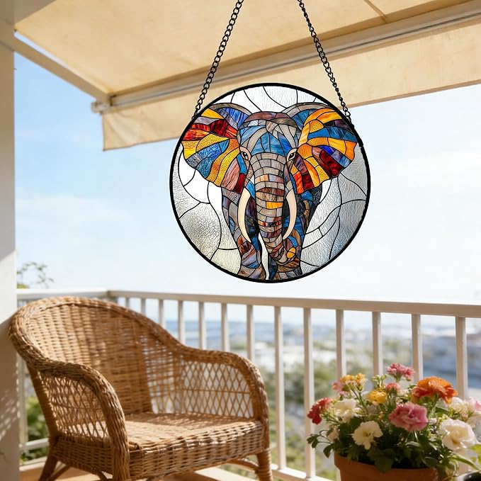 Stained Glass Window Hanging, Colorful Elephant Sun Catcher for Door Home Decor Animal Suncatcher Christmas Mother's Day Birthday Gifts for Women Men Mom and Nana 7.8 in