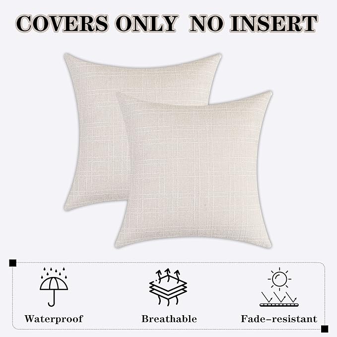Kevin Textile Outdoor Waterproof 22”x22” Pillow Covers 2 Pack, Light Beige | Water Resistant, Soft Faux Linen-cotton Yarn-dyed Woven Texture Throw Pillow Covers for Tent Patio Garden Couch Sofa