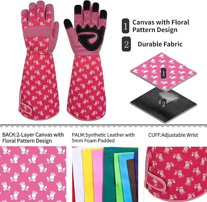 Thornproof Rose&Cactus Gardening Gloves,Gauntlet Garden Glove,Gifts | Canvas,Cute Floral Pattern,Leather Palm,Touchscreen,Durable Material,Garden Gift,Men&Women,Machine Washable,Adjustable Cuff