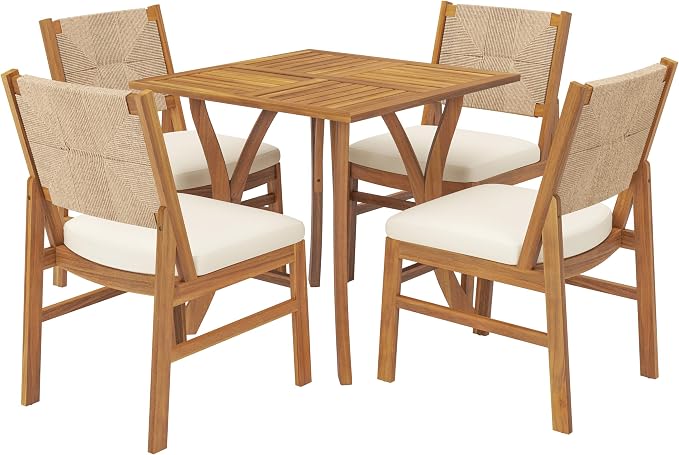 Christopher Knight Home 5 Piece Outdoor Dining Set Acacia Wood Square Table and 4 Light Brown Wicker Chairs with Cream Cushions Teak Finish Patio Furniture Set for Garden Backyard Balcony