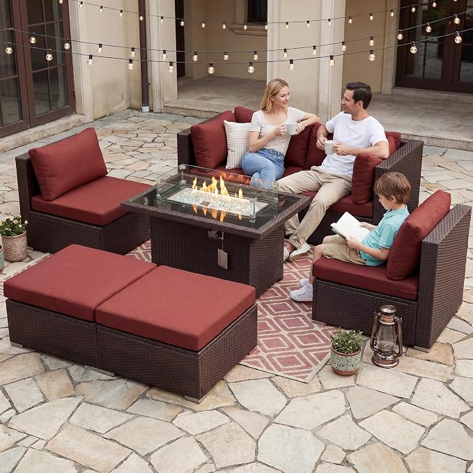 NICESOUL 7 Piece Outdoor Sofa Sectional with Firepit Natural Gas & Propane, Extra Large Patio Furniture Set for Heavy People, Deep Modular Wicker Conversation Sitting, Brown Rattan and Red Cushion