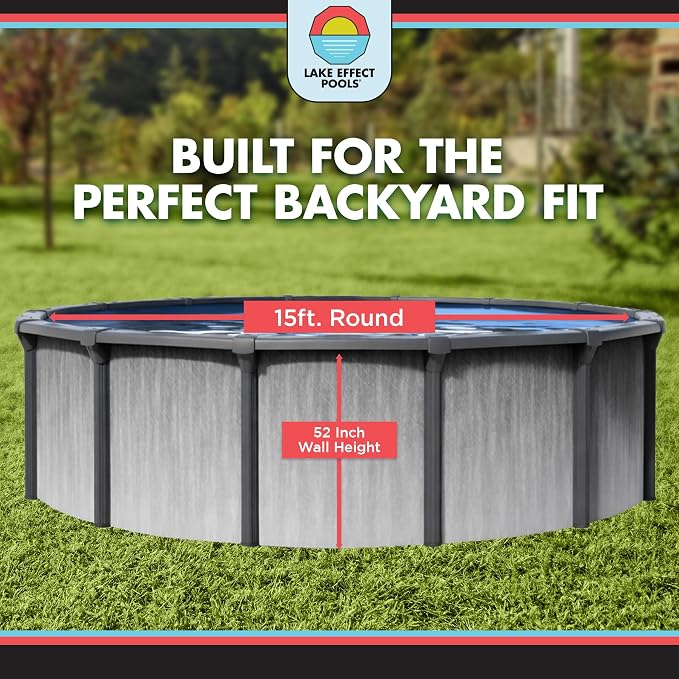 Lake Effect Pools 'Lanai' 15 ft Round Above Ground Swimming Pool | 52 Inch Resin Protected Steel Sided Walls | Bundle Includes: 25 Gauge Overlap Liner & Widemouth Skimmer