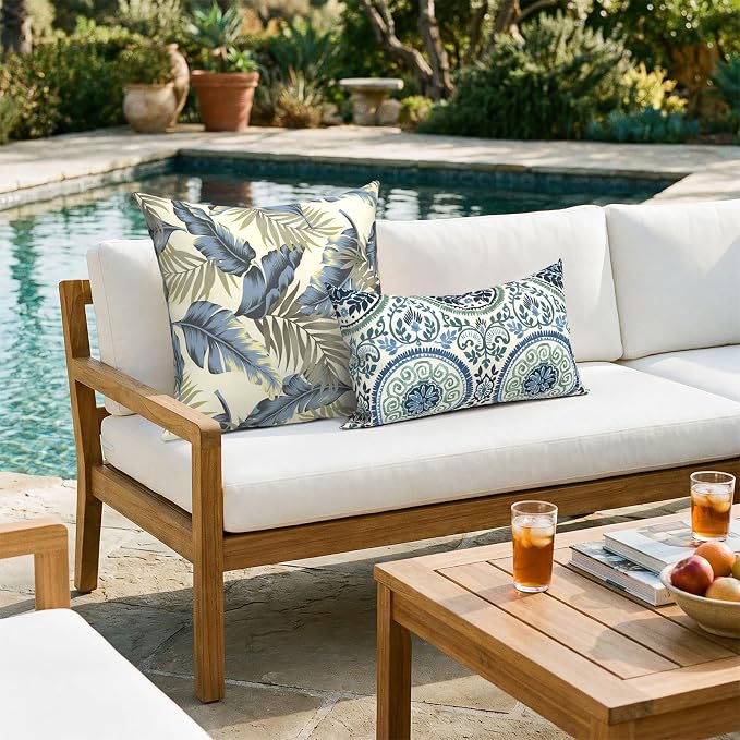 20x20 Inch Pack of 2 Patio Throw Pillow Covers ONLY, Water Repellent Cushion Cases, Square Pillowcases for Outdoor Couch Decoration, ‌Lush Palm Blue