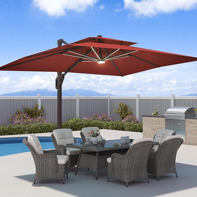 9x12 FT Patio Umbrella with Weighted Base and LED Lights Cantilever Outdoor Large Heavy Duty Rectangle Aluminum Offset Umbrellas Double Top 360 Rotation for Pool Deck Garden, Red