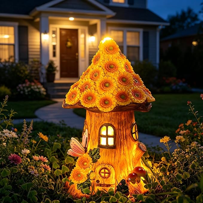 Fairy Garden Statues,Fairy Garden House with Solar Powerd Night Light,Yard Decorations Outdoor Fairy Garden Accessories Decor for Outside (Flower-Mushroom)