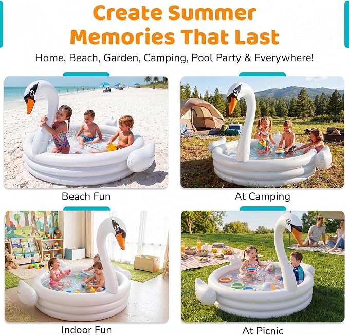 White Swan 48" Inflatable Kiddie Pool Holds 65 Gallons of Water - Kids Blow Up Kiddie Pools for Toddler 1-3, Summer Outdoor Kids Swimming Toys for Boys & Girls Play Center Kiddy Outdoor Swimming Pool