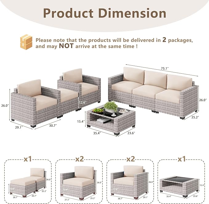 LOUVIXA 7 Piece Outdoor Patio Furniture Set, Rattan Chairs Glass Table Wicker Conversation Seating Sectional Sofa with Cushions (Grey White-Beige, 7Pcs-2 Layer Coffee Table)